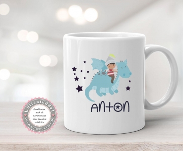 Preview: Emaille Becher Tasse Ritter Drache personalisiert mit Name Kindergarten Geburt Taufe Kindergartenkind Einschulung Geburtstag von Lüttentüddel®